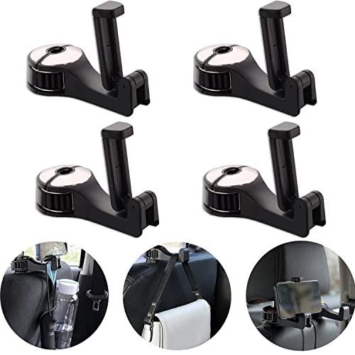 Wercow 4-Packs 2-in-1 Car Headrest Hidden Hook, Upgraded Car Rear Seat Hook, With Mobile Phone Support Function, GM Rear Seat Headrest Hook, Used for Wallet,Backpack, Toy Christmas GiftR (Silvery)