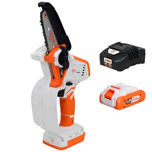 RURIS – Electrosierra telescópica 1424E – Motor eléctrico con escobas – Batería Li-ION 20V – 4Ah – Potencia 80W – Longitud de corte 100 mm – Ligero a 2,45 kg – Ecológico y silencioso