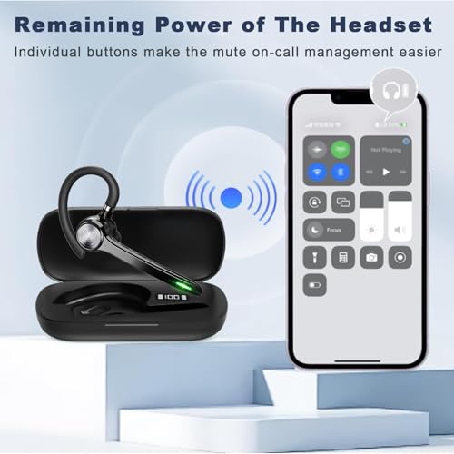 Image of HEIBAS Bluetooth Headset, Wireless Bluetooth Earpiece with 500mAh Charging Case 72 Hours Talking Time Built-in Microphone for iOS Android Cell Phone, V5.1 Hand-Free Headphones for Office-Bright Black