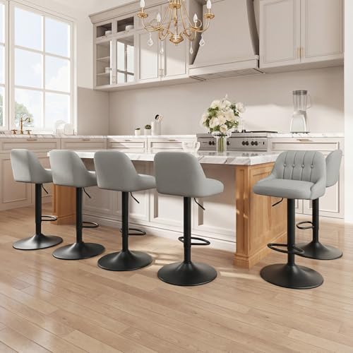 Image of MALOL Bar Stools Set of 6, Swivel Bar Chairs, Modern Adjustable PU Leather Upholstered Barstools Counter Height with Tufted Back for Bar, Kitchen Counter Island, Dining Room, Grey
