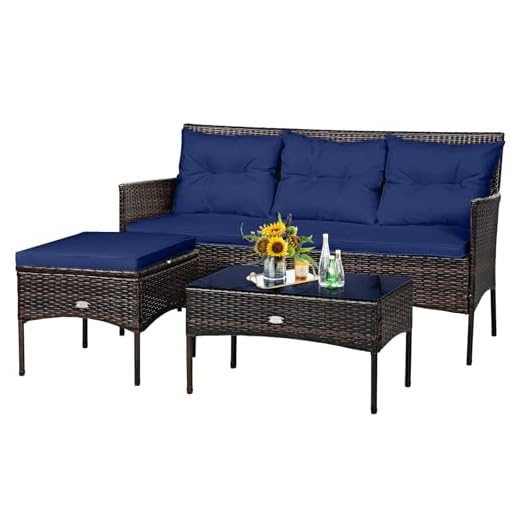 Tangkula 3 Pieces Patio Conversation Set, All Weather Outdoor PE Rattan Wicker Furniture Set with Padded Cushions, Tempered Glass Coffee Table, for Poolside, Backyard, Garden (Navy)