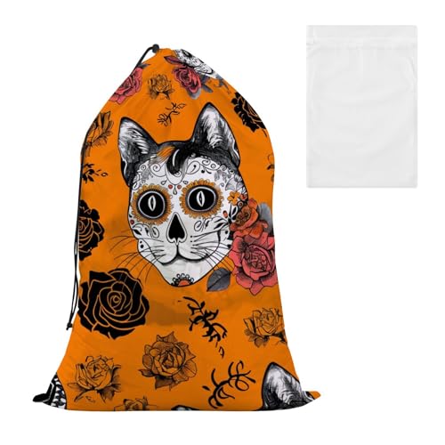 Bolsa de almacenamiento para ropa sucia con diseño de gato gótico y esqueleto para viajes, con bolsa de lavado de malla para dormitorio universitario, lavable, bolsas de almacenamiento grandes