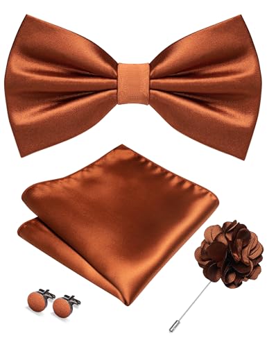 Image of RBOCOTT Solid Color Bow Tie and Pocket Square with Lapel Pin Cufflinks Set 4PCS
