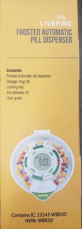 Side of the product box listing contents: Frosted automatic pill dispenser, dosage rings, locking key, AA batteries, user guide.