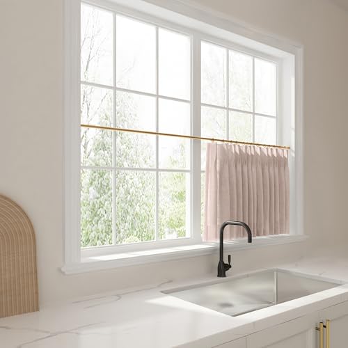 Image of TWOPAGES 34 inch inch W x 45 inch inch L Linen Blend Cafe Curtains for Kitchen Window, Light Filtering Pinch Pleated Tier Curtains, Modern Farmhouse Half Window Curtains for Small Window, Pink Lemonade, 2 Panels