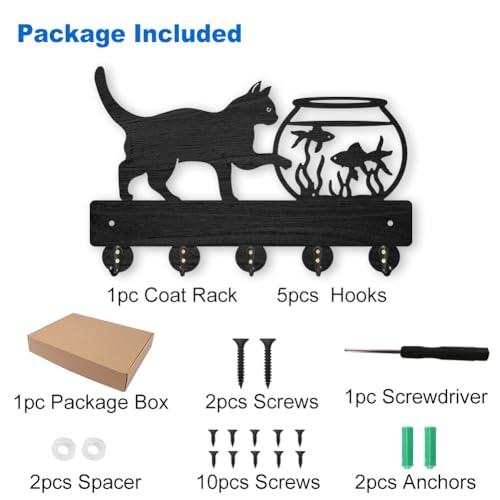 MAYJOYDIY Cat Themed Wooden Key Rack 30x19.4cm 5 Alloy Hooks Wall Mounted Hanger Wall Decorative Cat Fish Tank Holder - Image 3