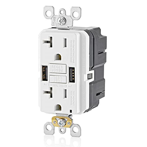 Image of Leviton GUSB2-W 20A SmartlockPro GFCI Combination Type A USB in-Wall Charger Outlet, USB Charger for Smartphones and Tablets, White
