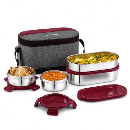 Image of CELLO MF Senator Set of 4 Stainless Steel Lunch Box with Extendable Zipper Bag, Burgundy | 300ml, 300ml, 500ml Containers, 750ml Oval Container with Spoon & Fork, Leakproof Tiffin Set for Office