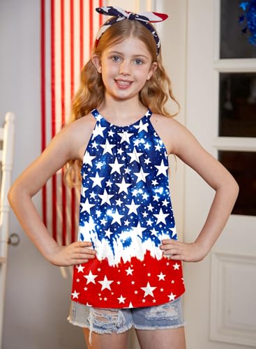 Image of BesserBay Girls Summer Back Button Halter Neck Tank Top Cold Shoulder Casual Blouse Pleated Sleeveless Shirts 5-14 Years