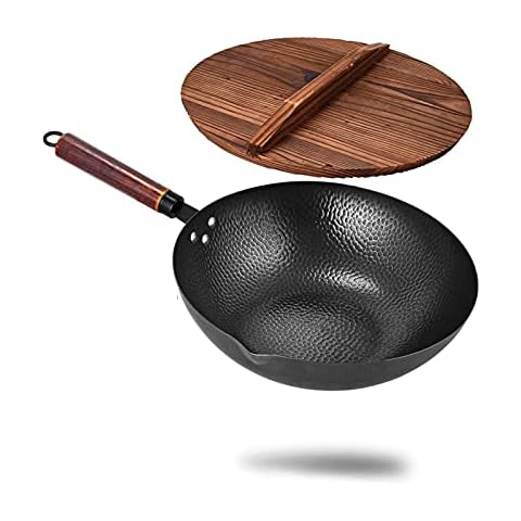AEROBATICS Carbon Steel Wok Pan, Hand Hammered Wok With Wooden Handle, Stir Fry Pan With Lid, Traditional Cast Iron Wok For Electric Induction And Gas Stoves,Black Cover