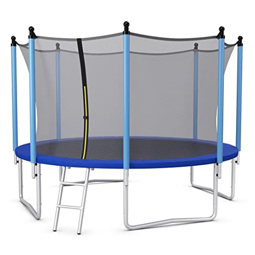 Cama elástica para niños de 8 pies, 10 pies, 12 pies con red de seguridad, diversión de rebote al aire libre para niños pequeños, recinto de jardín, postes acolchados y escalera para un tiempo de