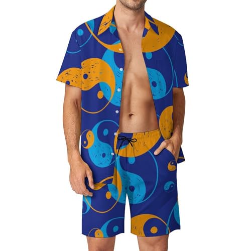 Ensemble d'Été Tai Chi Jaune 2 Pièces avec Chemise Hawaïenne Fluide, Short et Pantalon Fluide S