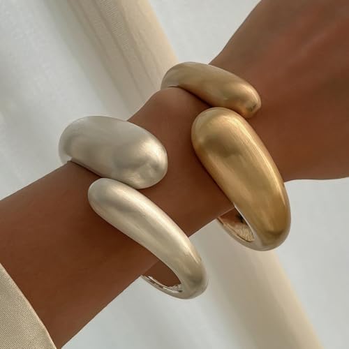 2PCS Chunky Gold Bangle Bracelets for Women Trendy Silver Plated Irregular Cuff Bracelets Stack Set Minimalist Arm Cuff Bracelet Statement Bracelets Fashion Cute Silver Jewelry2