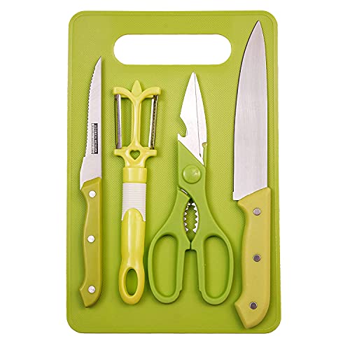 Fonicy Kitchen Tools Plastic Chopping Board with Knife Set and Scissor And Wine Stainless Steel And Plastic Kitchen item Multipurpose cutting vegetables And fruits Cutting Combo For knife cutting board set For Kitchen (5 Pcs Set)