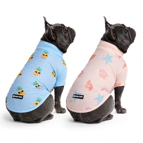 Spark Paws Sunblock Dog T-Shirt SPF30 Protection Lightweight Breathable Quick Dry for Dogs with Sensitive Skin - Pineapple & Seashells (Set of 2) - Size L