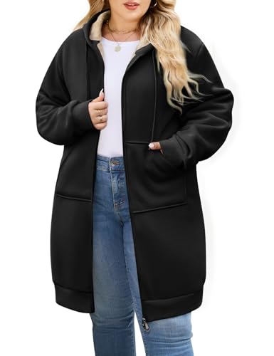 CMTOP Largo Sudaderas Mujer con Capucha Extragrande Felpa Cremallera Abrigo Casual Cálido Chaqueta de Manga Larga Color Sólido Hoodie de Otoño Invierno(Negro, XXL)
