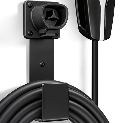 EV Charger Holder - Tesla Connector Nozzle Holster Dock and J-Hook Combination EV Cable Holder Wall-Mount Electric Vehicle Charger