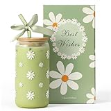 KMCCUMBER Cute Glass Matcha Cup with Lids and Straws, Teen Girl Birthday Gifts Daisy Iced Coffee Cups, Sage Green Aesthetic Mug Tumbler for Mothers Day Christmas Valentines Coffee Lover 16oz