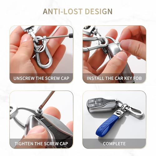 Image of Gkeygo Carabiner Keychain, Universal Heavy Duty Woven Handmade Leather Key Chain, Car Fob Key Keychains with 360 Degree Rotatable Snap Swivel and Anti-Lost D-Ring for Men and Women, Silver - Blue