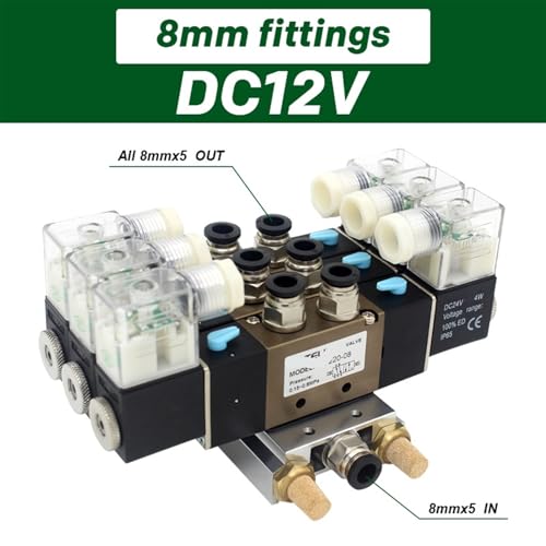 Válvula solenoide de 5 vías 4V220-08 DC12V con base de aluminio y conectores de 8mm 3