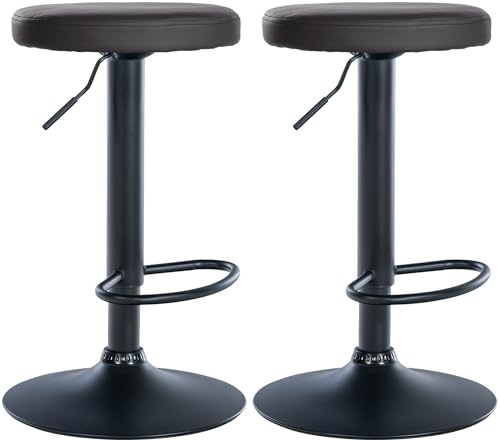 CLP Set De 2 Taburetes De Bar Ponte En Polipiel I Sillas De Altura Regulable con Asiento Redondo & Reposapiés, Color:Negro, Material del Soporte:Negro Mate Metal