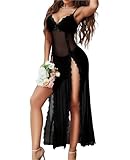 JFAN Lingerie Femme Nuisette en Dentelle Longue à Double Fente Chemise de Nuit en Maille à Col V Robe de Nuit Noir