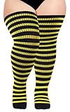 Moon Wood Plus Size Thigh High Socks for Women Knit Cotton Extra Long Halloween Over the Knee High Socks Leg Warmers (Black & Pine Yellow)