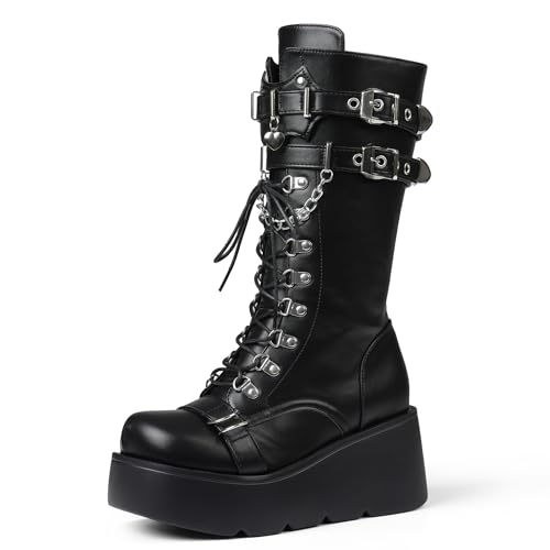 Women's Black Platform Boots Wedge Combat Gothic Chunky Heel Lace Up Mid Calf Punk Motorcycle Shoes