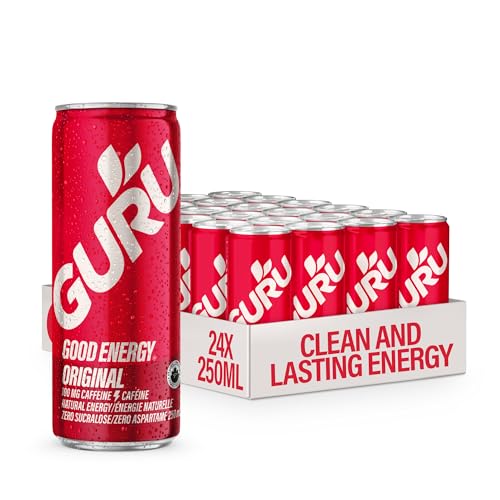 Image of GURU Organic Energy Drink, Original, Natural Caffeine, 8.4 Fl Oz, 24 Pack | 100 MG Natural Caffeine for Workouts, Performance & Midday Boost, Plant Based, Gluten Free, Vegan, No Artificial Sweeteners