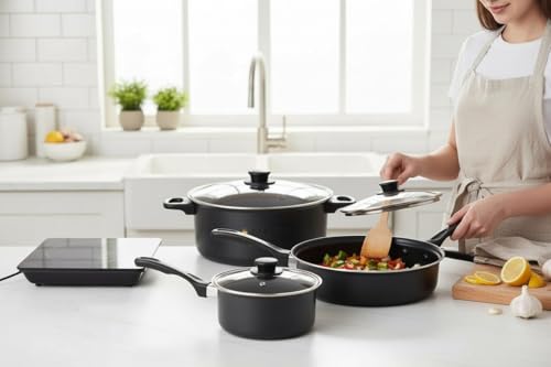 Prima 5 Piece Non-Stick Cookware Set with Lids – Carbon Steel Pots & Pans Set for Cooking, Saucepan, Deep Frying Pan, Casserole Dish – Heat Resistant Handles, Easy Clean, Gas & Electric Hob Safe - Image 3