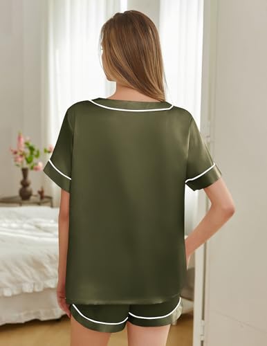 Image of Silk Pajamas for Women Short Sleeve Satin 2 Piece Pj Set Soft V Neck Sleepwear Loungewear, S-XXL
