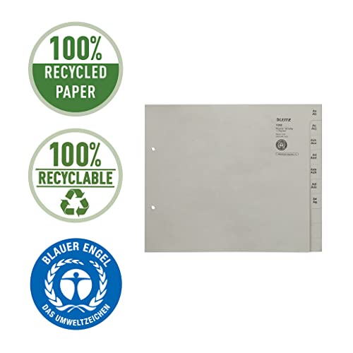 Leitz Register, Trennblätter mit Taben und alphabetischem Aufdruck A-Z für 150 Ordner, Halbe Höhe und Überbreite, Grau, 100% recyceltes Papier, Blauer Engel Siegel, 13530085