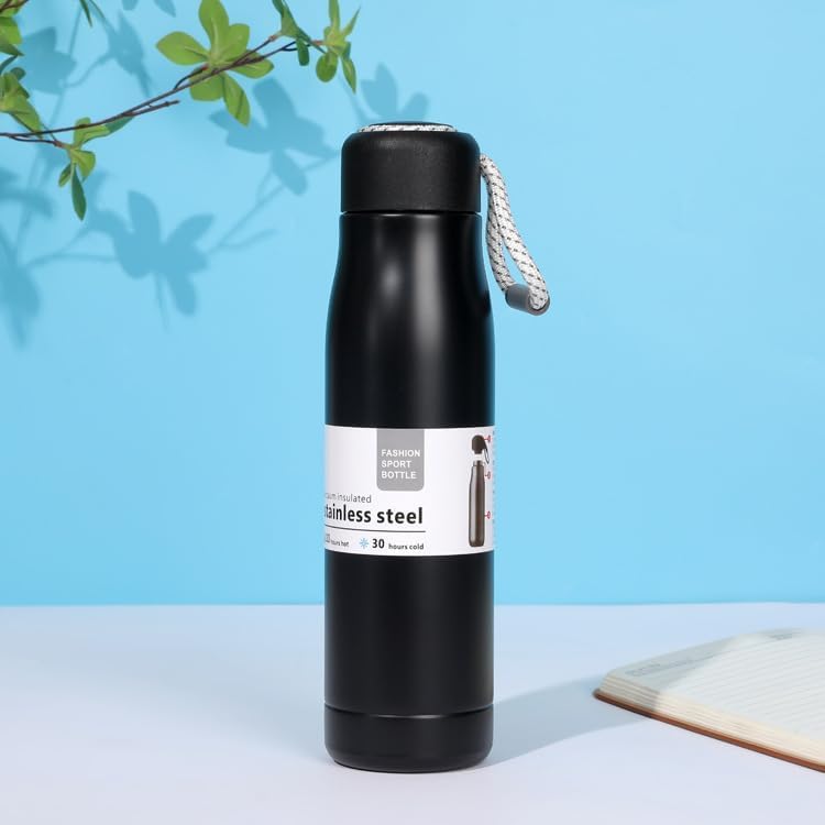 Image of Water Bottle Stainless Steel for Daily Office, School & Gym Use - BPA-Free, Leak-Proof, Durable Metal Bottle with Carry Strap (Black-SS, 550 ml)