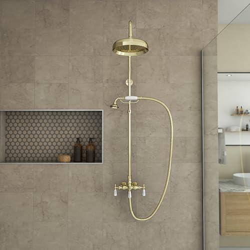 Image of Abbey 10 x 34 1 /2 Shower Faucet Set with Handshower, Polished Brass
