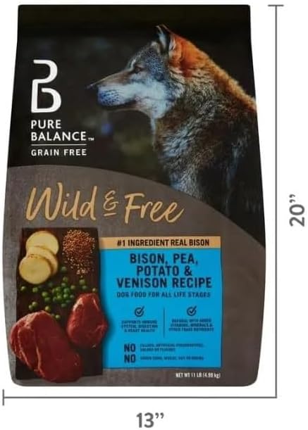 Pure~Balance Wild & Free Grain~Free Dry Dog Food with Real Bison & Venison, Pea & Potato Recipe ~ High Protein, No Fillers, All Life Stages, Ideal for Sensitive Dogs, Supports Immune 11 Lbs ~ (1 Pack)