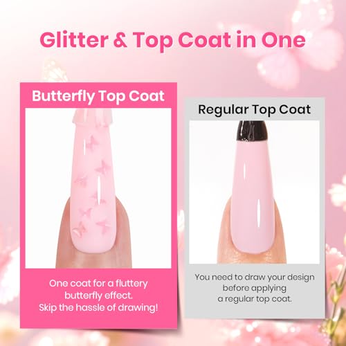 Image of Beetles Pink Butterfly Glitter Gel Top Coat, 15ml No Wipe UV LED