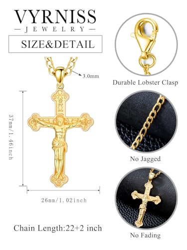 18K Gold Cross Necklace for Men 18K Gold Crucifix Pendant Chain Jesus Cross Necklace Religious Jewelry Christian Gift2