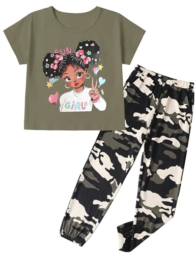 Image of mksodop Girls Outfit Set Graphic T Shirt and Camo Jogger Pants Cute Casual Clothes for Girls 5-16 Years