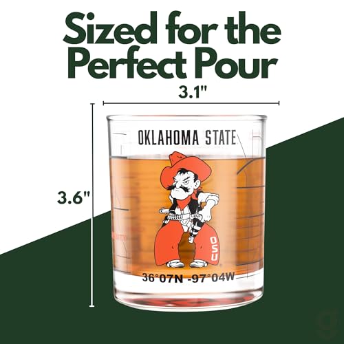 Image of Greenline Goods Oklahoma State University Cowboys Whiskey Glasses Set of 2, 10 oz Rocks Glasses with Full-Color Logo & Campus Map - Officially Licensed Bourbon Glass Gift for Alumni & Fans