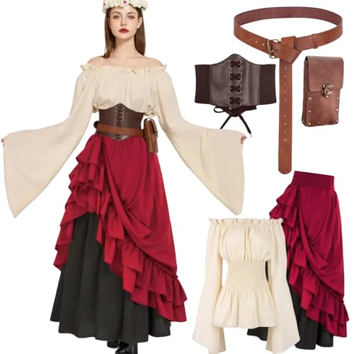 5pcs Mittelalter Kleidung Damen Set, Retro Off Shoulder Bluse Kleid Renaissance Kostüm Victorian Bekleidung Maxi Dressm mit Corsett , Gürteltasche,...