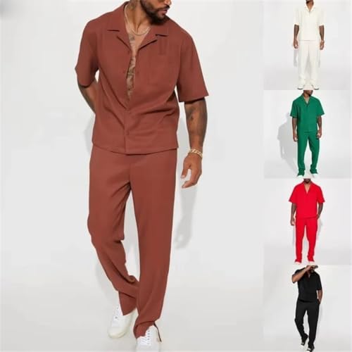 Mens 2 Piece Suits Streetwear Trendy Loose Short Sleeve Lapel Shirt and Pants Outfits Sets2
