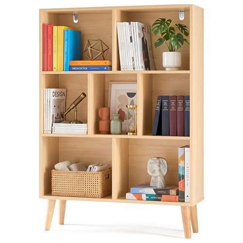 Image of HealSmart 7 Cube Storage Organizer, 3 Tier Bookshelf with Legs, Free Standing Cube Bookcase for Living Room, Bedroom, Office, Wood
