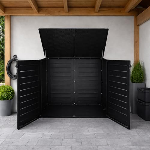 Koll Living Mülltonnenbox Tilia 1170 Liter für 2X 240 Liter Mülltonnen – abschließbare Universalbox in Holzoptik, wetterfest & UV-beständig, aus Kunststoff, Schwarz