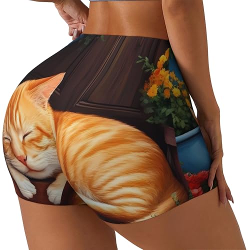 Qewfoju Sleeping Cat Flowers Pattern Womens Workout Yoga Shorts Biker