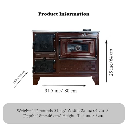 Gusseisenofen mit Backofen | Gusseisen Kamin | Backherd Herd Herd Warmhalteofen | Tiny House Herd Kabinenofen | Kamin mit Ziegel ausgekleideter Kamin (braun ohne Fenster)-6