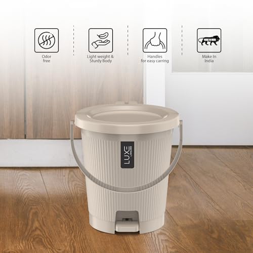 Image of KOLORR Luxe Premium Plastic Pedal Dustbin | Modern Plastic Waste Bin, Trash can with Sleek Design for Home, Kitchen, Office, Bathroom & Washroom - Medium, Sand Stone