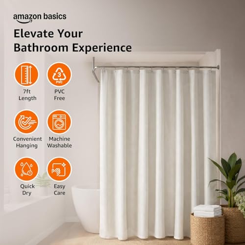Image of Amazon Basics Shower Curtain 7 Feet | Waterproof Bathroom Curtain | PVC-Free, No Plastic Smell | Machine Washable Fabric | Off-White | 6ft Wide | 12 Hooks -180 CM X 210 CM