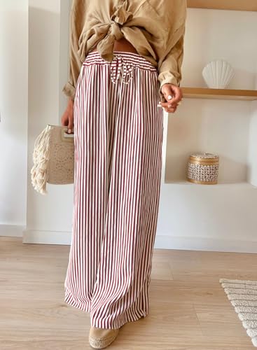 Image of Acelitt Women Casual Drawstring Elastic Waist Striped Wide Leg Pants with Pockets, S-XXL