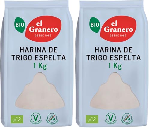 El Granero Integral - Harina de Trigo Espelta BIO - 1 KG - Rica en Fibra y Nutrientes - Mejora la Digestión - Harina de Bajo Índice Glucémico - Apta para Veganos (Paquete de 2)