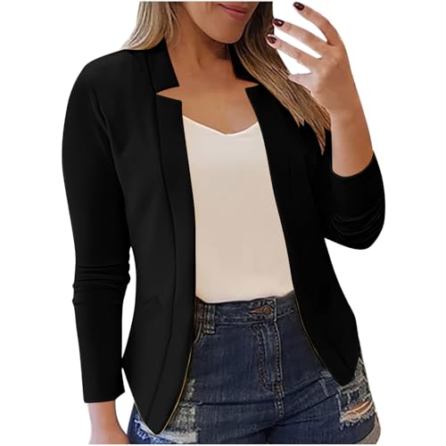 Sinzelimin Women Suit Jacket Long Sleeves Blazer Jackets Solid Color Casual Open Front Cardigan Notch Collar Blazer Outerwear